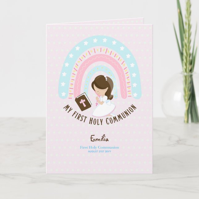 Custom First Holy Communion Cute Brown Hair Girl T Thank You Card (Front)