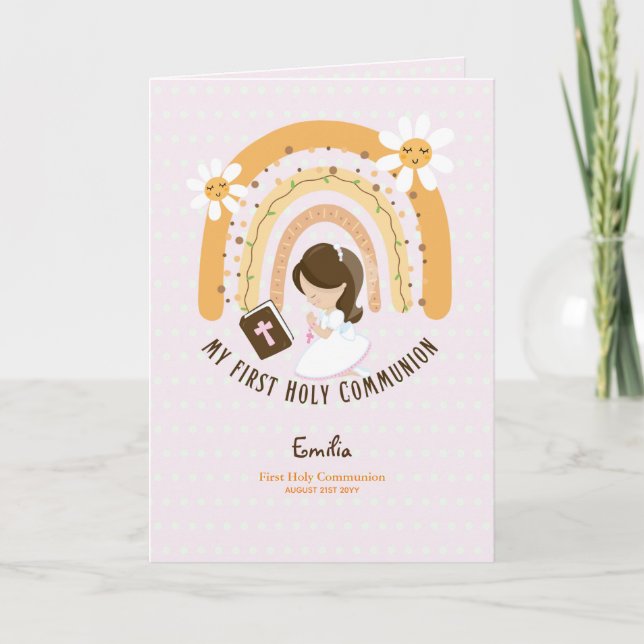 Custom First Holy Communion Cute Brown Hair Girl T Thank You Card (Front)