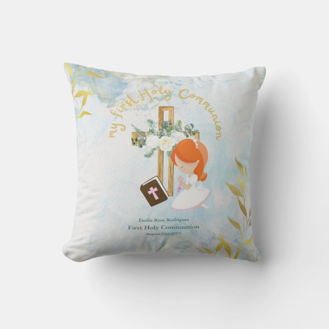 Custom First Holy Communion Cute Red Hair Girl Cushion (Front)