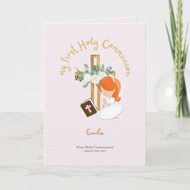 Custom First Holy Communion Cute Red Hair Girl Thank You Card (Front)