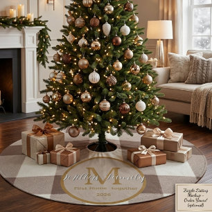 Custom First Home Brown Buffalo plaid monogram Fleece Tree Skirt