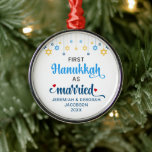Custom FIRST MARRIED HANUKKAH Metal Tree Decoration<br><div class="desc">Cute FIRST HANUKKAH MARRIED Metal ornament with CUSTOMIZABLE NAMES & YEAR. Design shows Hanukkah blue handwriting script typography with blue and yellow hanging stars. Two red stars decorate the word 'married'. A beautiful souvenir for couples celebrating their first married Hanukkah. Design is repeated on the back. Ceramic version available separately....</div>