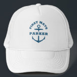 Custom First Mate Boat Nautical Anchor Navy Ship Trucker Hat<br><div class="desc">Custom boat hat with a navy blue nautical anchor reading FIRST MATE and your personalised name. Great gift for a boating trip,  your own sail boat,  yacht,  or boat crew.</div>