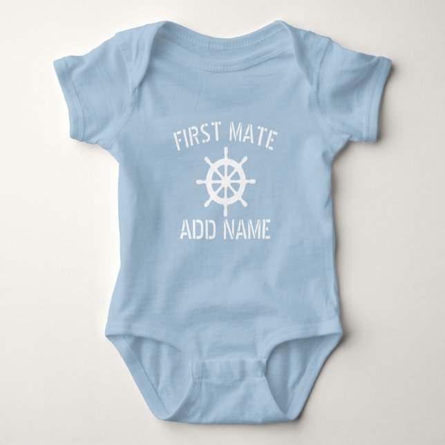Custom first mate nautical helm baby blue bodysuit (Front)
