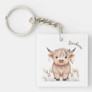 Custom First Name Cute Modern Boho Highland Cow Key Ring