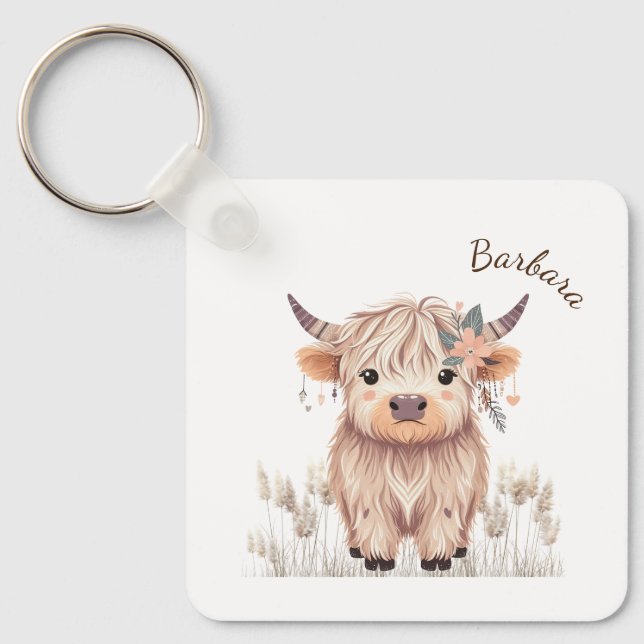 Custom First Name Cute Modern Boho Highland Cow Key Ring (Front)