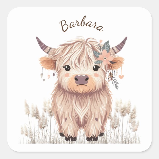 Custom First Name Cute Modern Boho Highland Cow Square Sticker (Front)