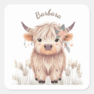 Custom First Name Cute Modern Boho Highland Cow Square Sticker