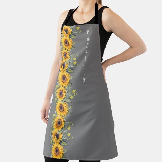 Custom First Name Trendy Womens Sunflowers Yellow Apron (Insitu)