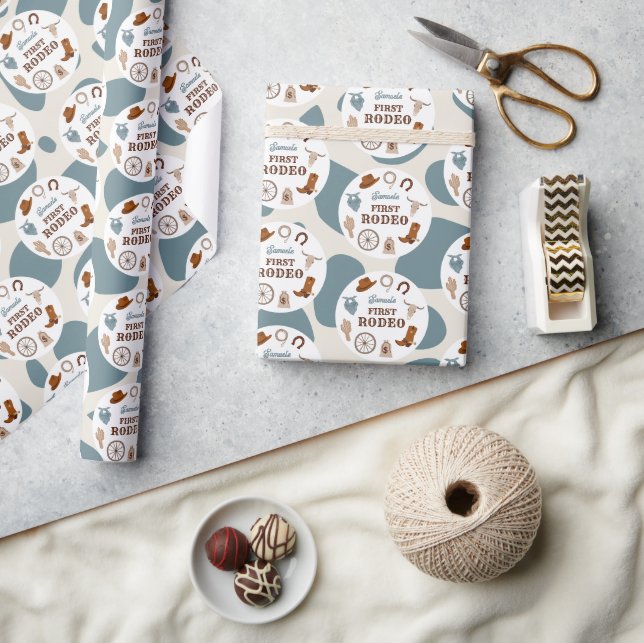 Custom First Rodeo Western Blue Boy 1st Birthday Wrapping Paper (Crafts)