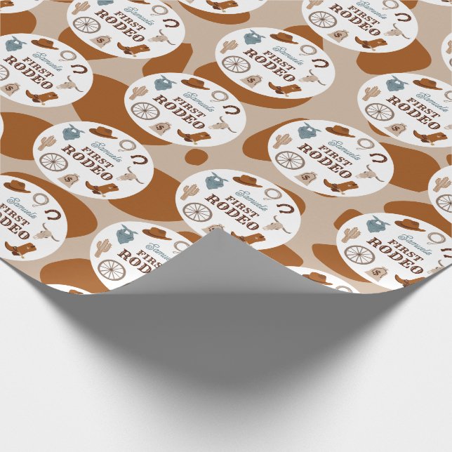 Custom First Rodeo Western Brown Boy 1st Birthday Wrapping Paper (Corner)