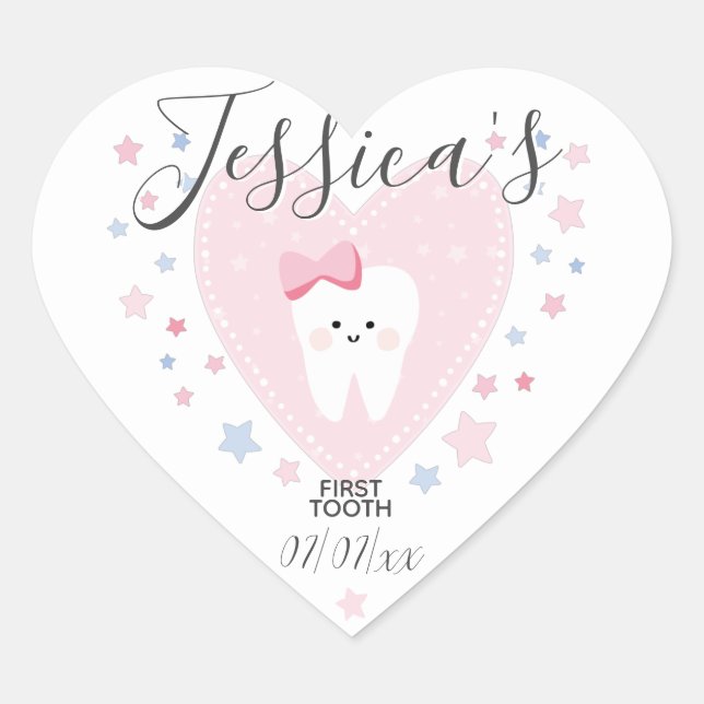 Custom First Tooth Baby Girl Heart Sticker (Front)