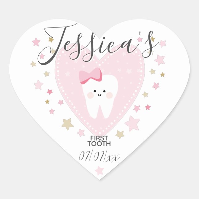 Custom First Tooth Baby Girl Heart Sticker (Front)