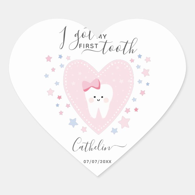 Custom First Tooth Baby Girl Heart Sticker (Front)