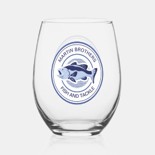 Custom Fish and Tackle Shop Blue Fisherman Stemless Wine Glass