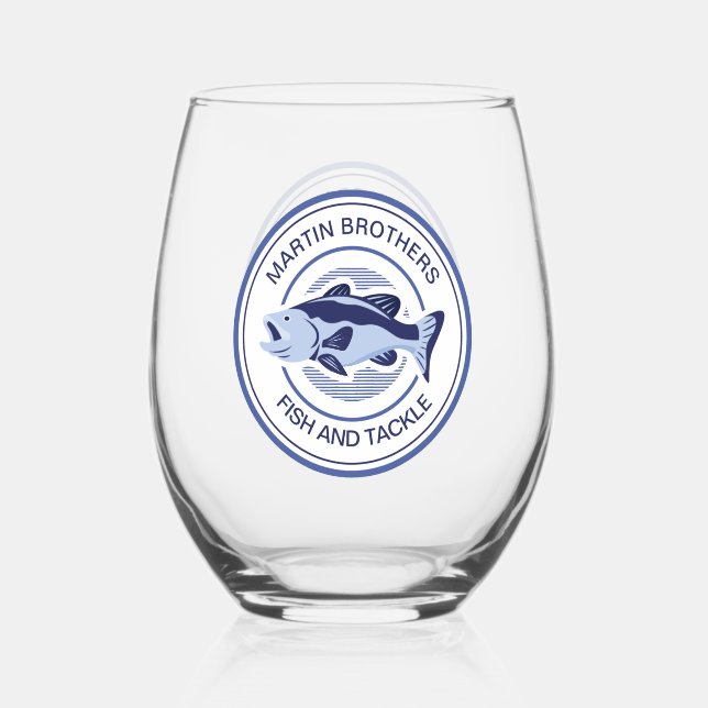 Custom Fish and Tackle Shop Blue Fisherman Stemless Wine Glass (Front)
