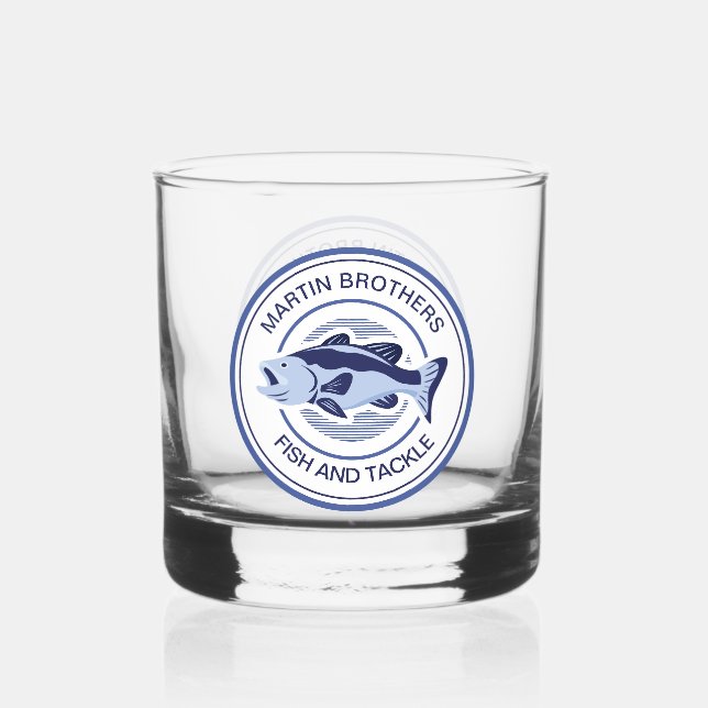 Custom Fish and Tackle Shop Blue Fisherman Whiskey Glass (Front)