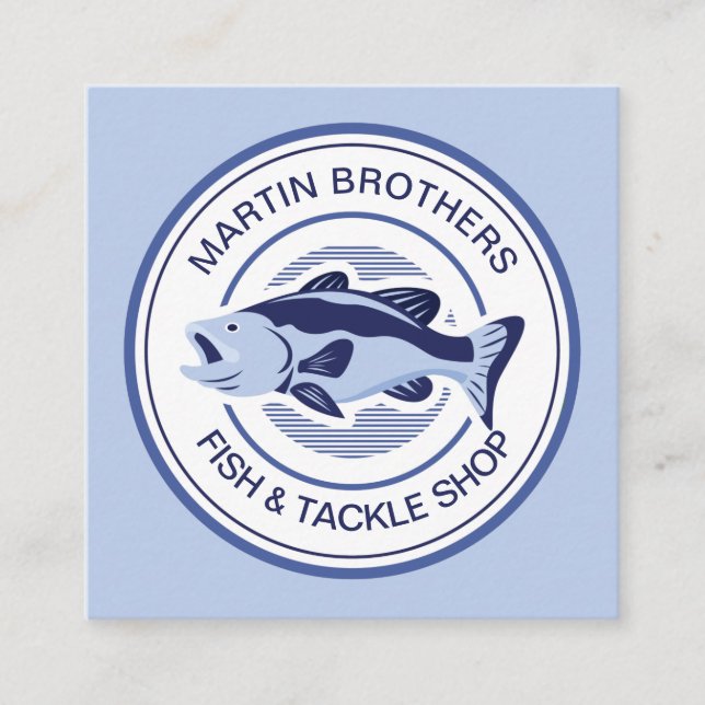 Custom Fish Tackle Shop Blue Bass Fisherman Store Square Business Card (Front)