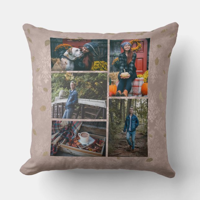 Custom / Five Photo Collage Glam Rose Gold Leaves Cushion (Front)