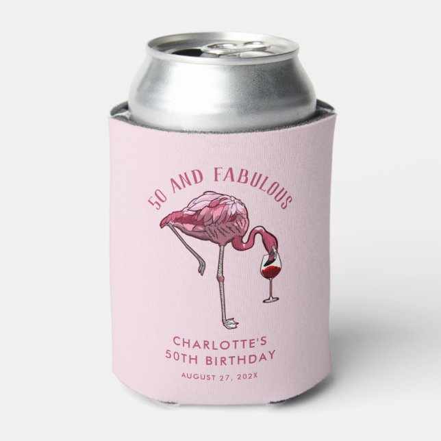 Custom Flamingo 50th Birthday 50 and Fabulous Can Cooler (Can Front)
