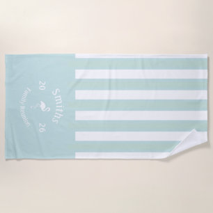 Custom Flamingo Striped Teal Family Reunion Beach Towel