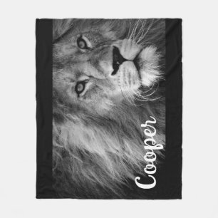 Custom Fleece Blanket B&W Lion Personalise Name