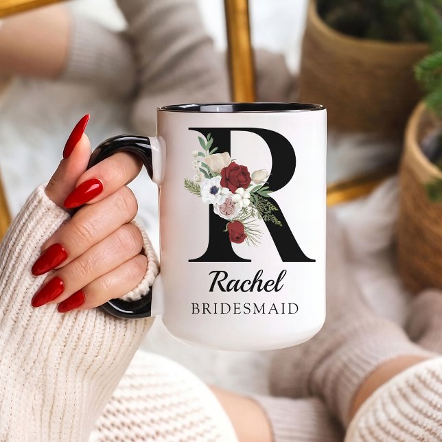 Custom Floral Alphabet Mug Gift for Bridesmaids (Personalized Monogram Floral Alphabet Mug for Mom, Grandma, Teacher, Nurse, Lawyer or Bridesmaid)