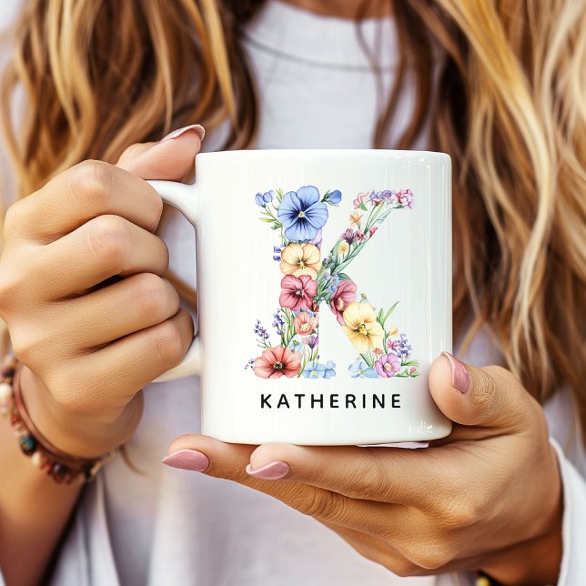 Custom Floral Alphabet Mug Gift for Her or Teacher (Custom Monogram Name Mug for Mom or Bridesmaids, Custom Floral Alphabet Mug for Teacher or Nurse)