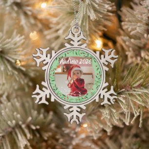 Custom Floral baby's first Christmas Photo name Snowflake Pewter Christmas Ornament
