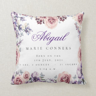 Custom Floral Birth Stat Baby Throw Pillow