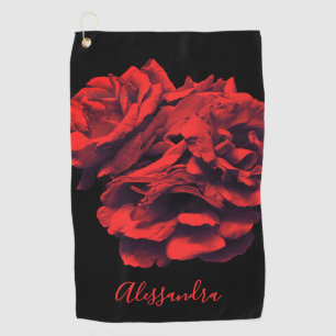 Custom Floral Black Red Roses Botanical Elegant Golf Towel