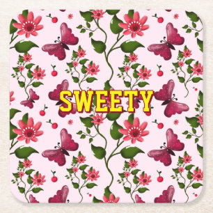 Custom floral butterfly pattern  square paper coaster