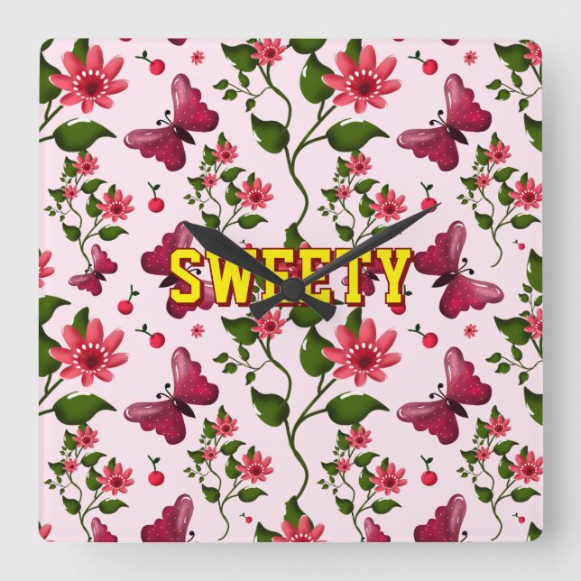 Custom floral butterfly pattern  square wall clock (Front)