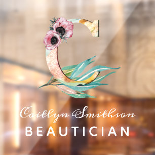 Custom Floral C Letter Watercolor Foliage Monogram Window Cling