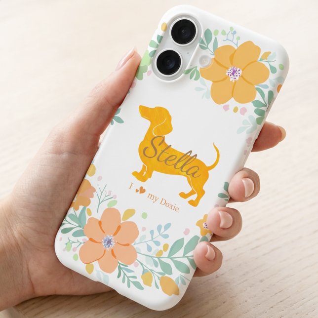 Custom Floral Dachshund | Personalized Dog Mom iPhone 16 Case (Creator Uploaded)