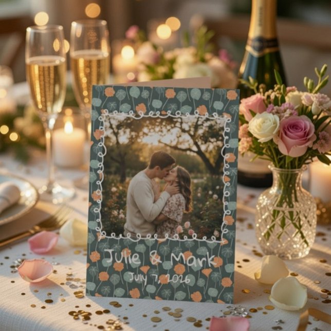 Custom Floral Doodle Photo Engagement Thank You  Card (Creator Uploaded)