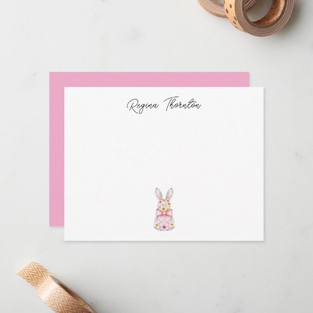 Custom Floral Easter Bunny Note Card (Front/Back In Situ)