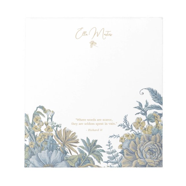 Custom Floral Elegant Script Quote Chic Blue  Notepad (Front)