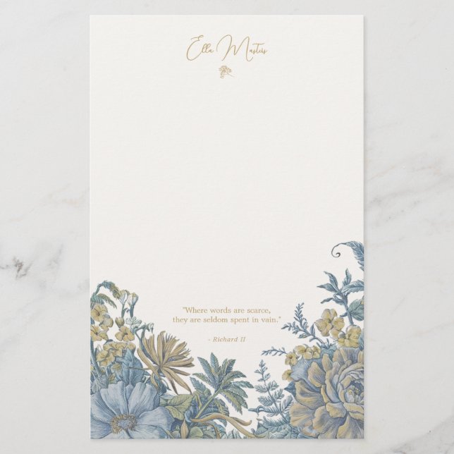 Custom Floral Elegant Script Quote Chic Blue  Stationery (Front)