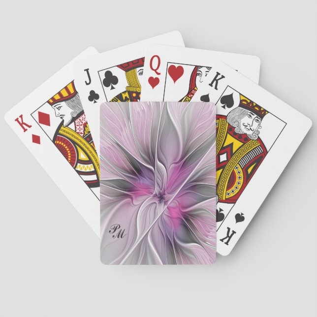 Custom Floral Fractal Modern Flower Pink Grey Playing Cards (Back)