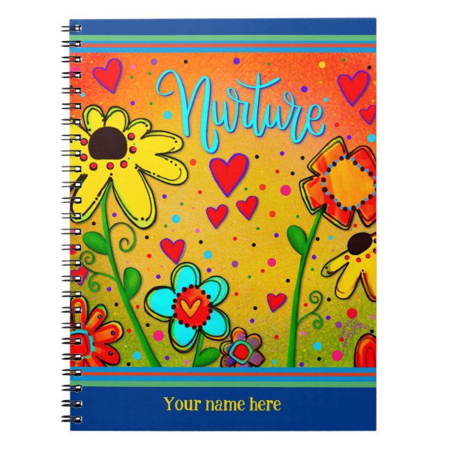 Custom Floral Hearts Yellow Fun Colourful Nurture Notebook (Front)