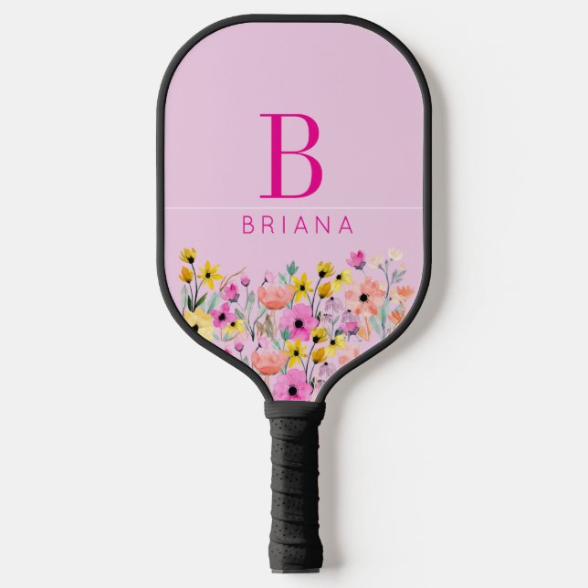 Custom Floral Initial and Name  Pickleball Paddle (Front)