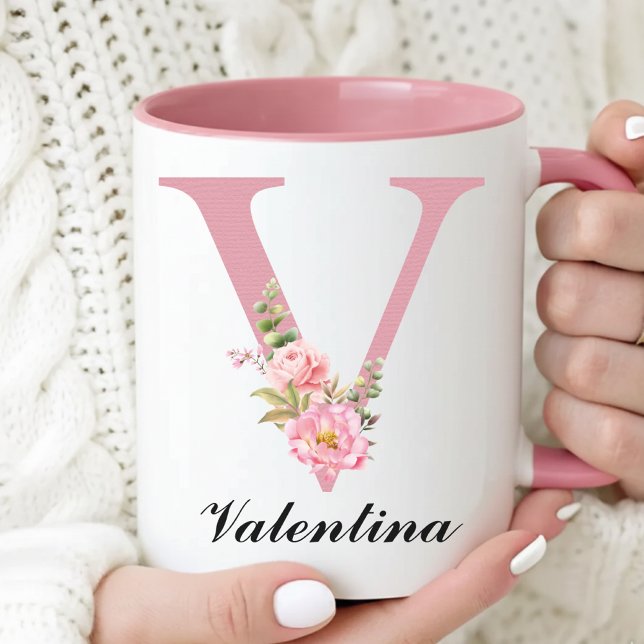 Custom Floral Initial Name Mug Mother’s Day Gift (Floral Rose Coffee Mug Christmas Gift for Her, Personalized Pink Floral Mug Gift for Mom or Grandma)