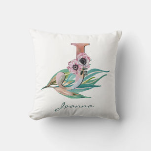 Custom Floral J Letter Watercolor Foliage Monogram Cushion