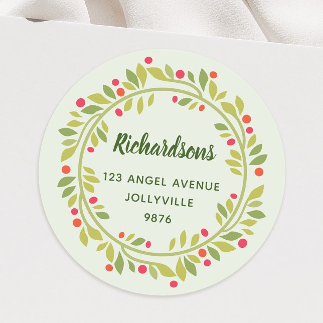 Custom Floral Leaves Christmas Wreath Address Classic Round Sticker (Creator Uploaded)