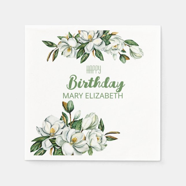 Custom Floral Magnolia Greenery BIrthday Party Napkin (Front)