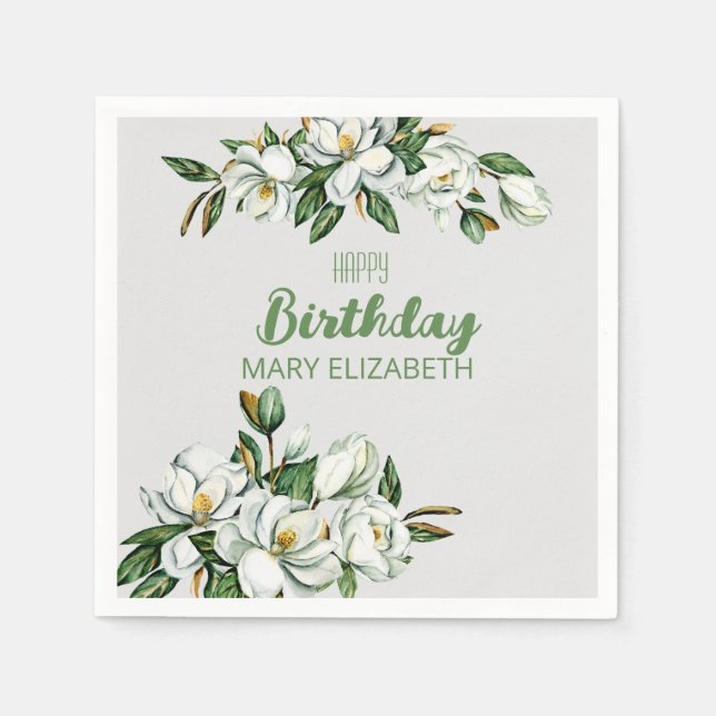 Custom Floral Magnolia Greenery BIrthday Party Napkin (Front)