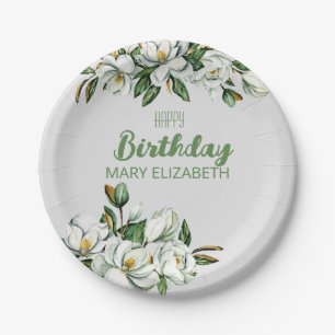 Custom Floral Magnolia Greenery BIrthday Party Paper Plate