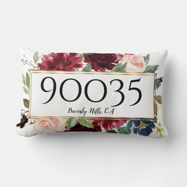 Custom Floral Merlot Navy Gold City State Zip Lumbar Cushion (Front)