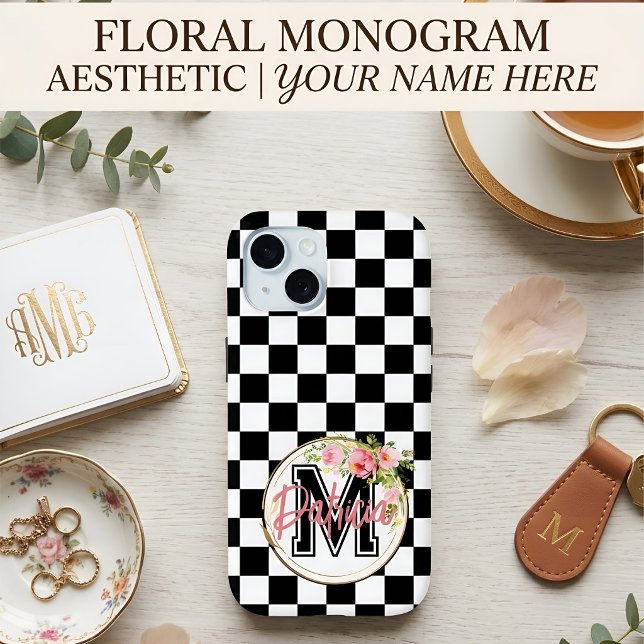 Custom Floral Monogram Black & White Chequered Case-Mate iPhone Case (Creator Uploaded)
